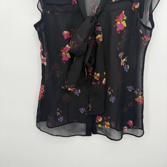Attention Black Multi Floral Sheer Button Blouse Top Bow Tie Size XS - Picture 3 of 8